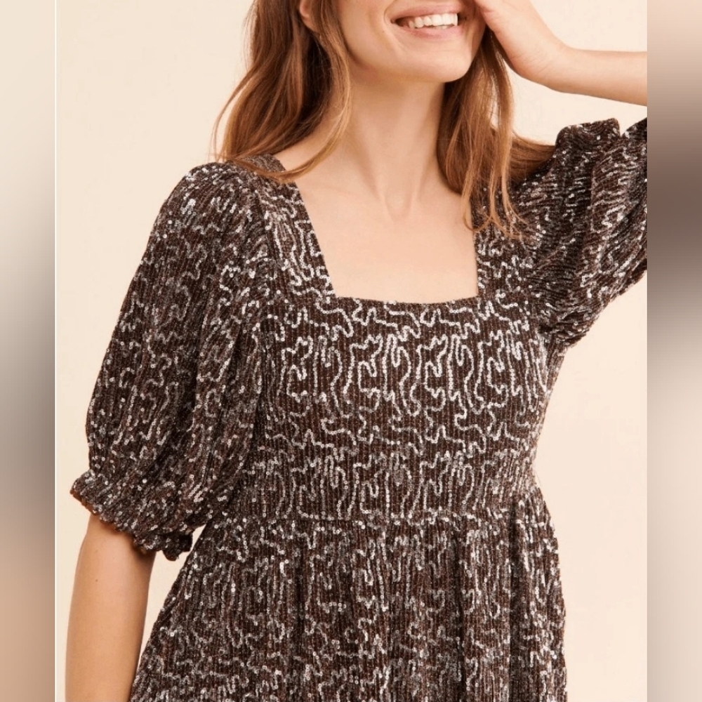 NWT Size M Anthropologie Moon River Sequin Babydoll Mini Dress Brown Silver - Picture 2 of 6